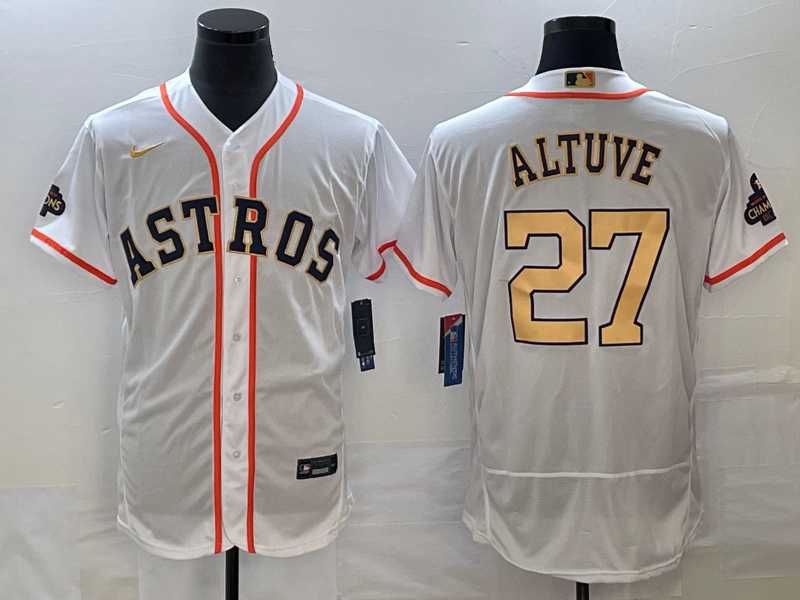 Men's Houston Astros #27 Jose Altuve 2023 White Gold World Serise Champions Patch Flex Base Stitched Jersey